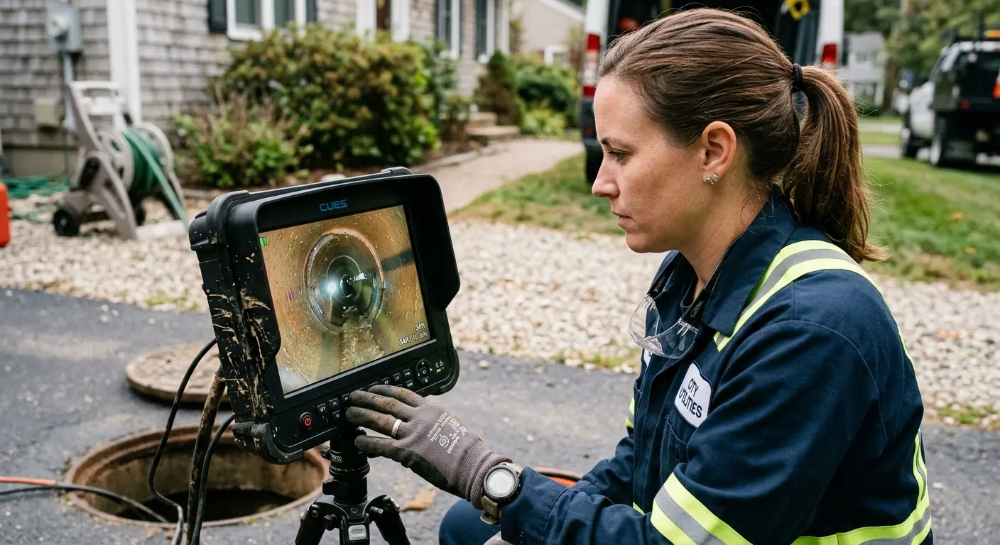 Technician reviewing sewer camera inspection footage in Fletcher