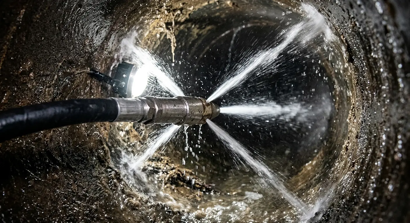 High-pressure hydro jetting nozzle cleaning sewer pipe for Storm Drain Cleaning in Fletcher