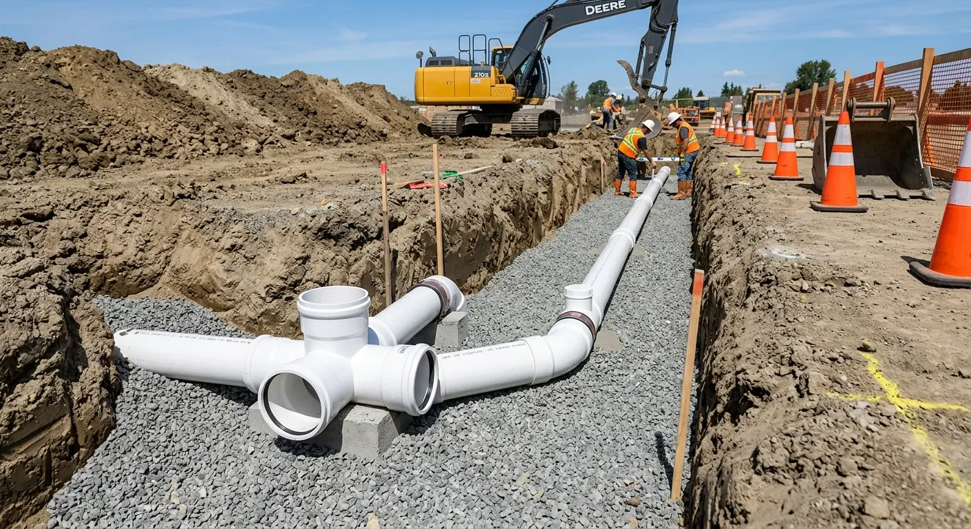New PVC sewer pipe installation in open trench for Sewer Backup in Fletcher