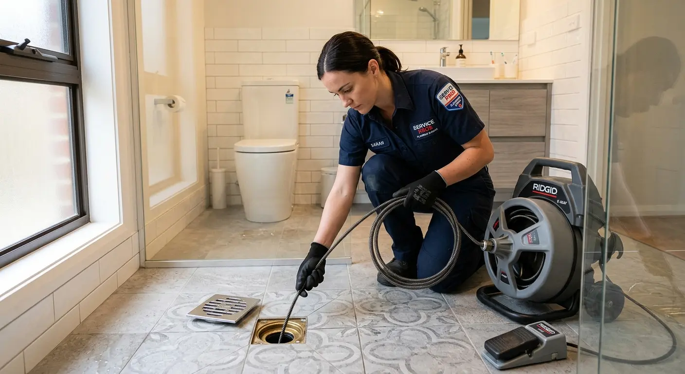 Technician clearing a bathroom floor drain for Drain Cleaning in Fletcher